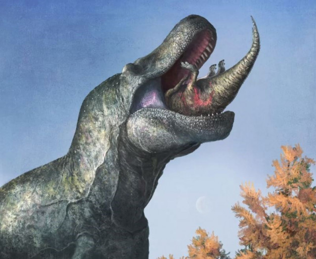 Un Edmontosaurus juvenil desaparece en la enorme boca con labios de Tyrannosaurus.