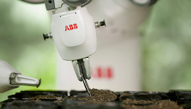 ABB Robotics Amazon reforestation pilot YuMi cobot tends to seed bags in the Junglekeepers base station