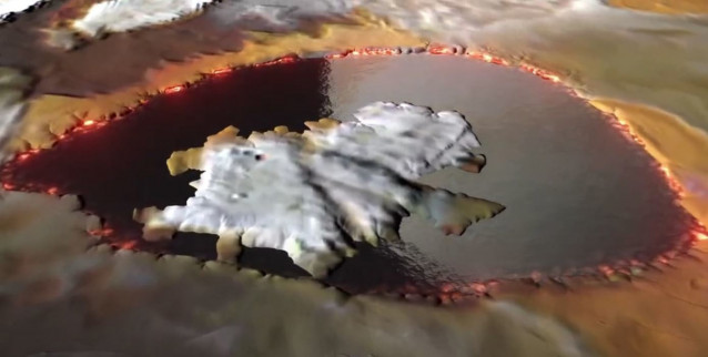 Reconstrucción artística de un lago de lava en la luna Io a partirde datos recogidos por la misión Juno de la NASA