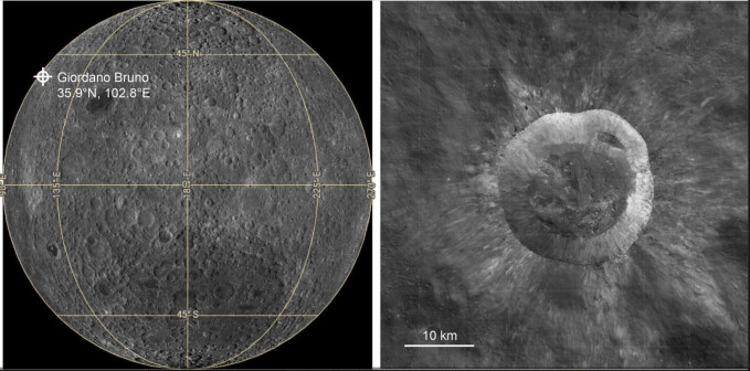 La ubicación y topografía del cráter lunar Giordano Bruno. A la izquierda hay un mapa de la cara oculta lunar utilizando Lunar QuickMap. A la derecha está el mapa topográfico del cráter a partir
