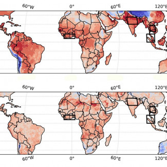 Mapas de los trópicos que muestran las temperaturas máximas anuales de bulbo húmedo predichas por los autores para el próximo verano, teniendo en cuenta las condiciones actuales de El Niño y el c