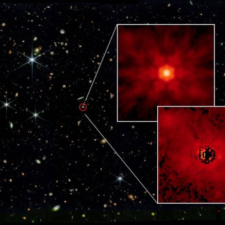 Una imagen del telescopio James Webb muestra el quásar J0148 rodeado de un círculo rojo. Dos recuadros muestran, arriba, el agujero negro central y abajo, la emisión estelar de la galaxia anfitrion