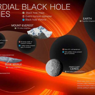 Esta infografía muestra las vidas estimadas y el horizonte de sucesos (el punto más allá del cual los objetos que caen no pueden escapar del control gravitacional de un agujero negro) y los diámet