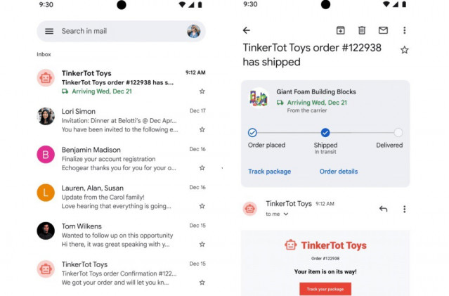 Captura del nuevo formato de seguimiento de envíos de Gmail