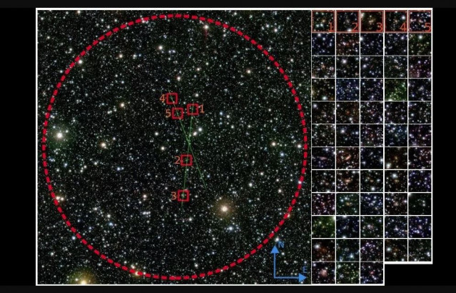 Una imagen compuesta que muestra las 58 galaxias agrupadas en la 'zona de evasión' detrás de la Vía Láctea.