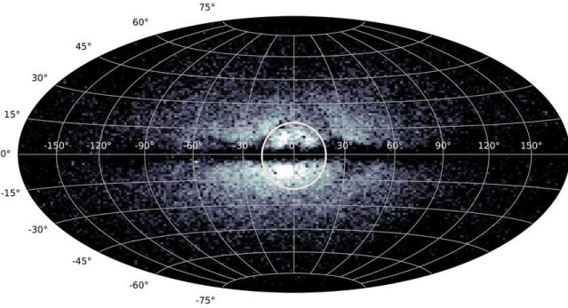 Mapa de las estrellas gigantes especialmente pobres en metal identificadas a partir de los datos de Gaia DR3 que muestra, como una región concentrada (marcada con un círculo), las estrellas del 'viejo y pobre corazón' de la Vía Láctea.