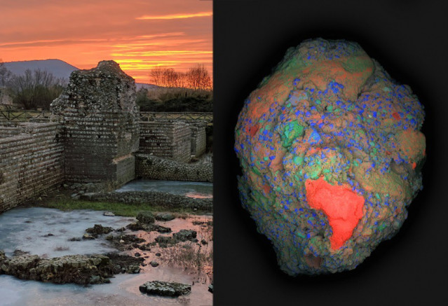 Un mapa elemental de área grande (Calcio: rojo, Silicio: azul, Aluminio: verde) de un fragmento de 2 cm de hormigón romano antiguo (derecha) recolectado del sitio arqueológico de Privernum, Italia (izquierda).