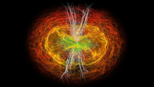 Simulación Numérica De La Fusión De Estrellas De Neutrones Para Formar Un Agujero Negro, Con Sus Discos De Acreción Interactuando Para Producir Ondas Electromagnéticas.
