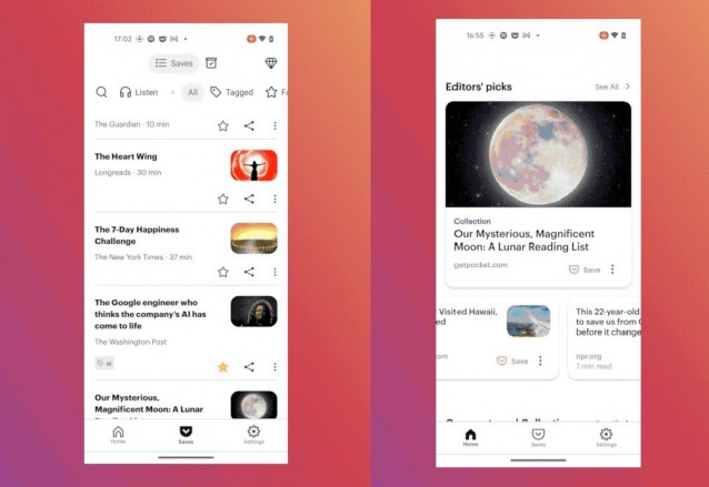 Interfaz de Mozilla Pocket para Android