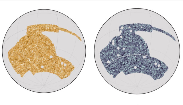 Comparando los mapas del cielo del telescopio Dark Energy Survey (a la izquierda) con los datos del Telescopio del Polo Sur y del satélite Planck (a la derecha), el equipo pudo deducir cómo está distribuida la materia.