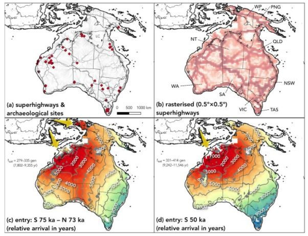 Esquema de las rutas y direccion del poblamiento de Australia y Nueva Guinea