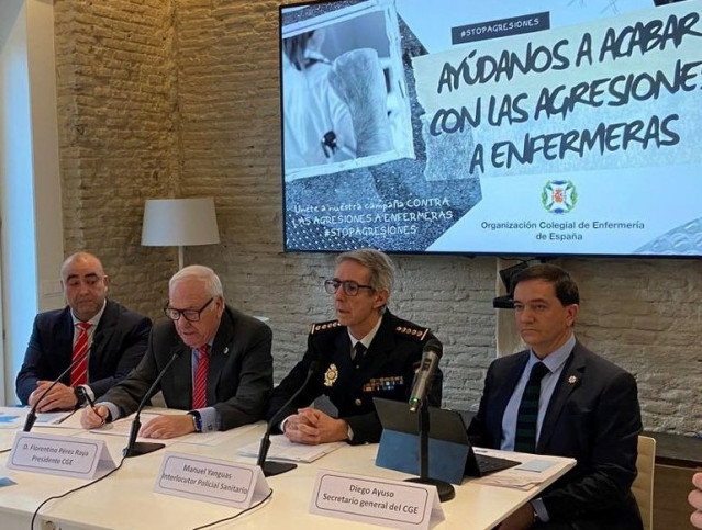 El Consejo General de Enfermería (CGE) presenta un plan integral contra las agresiones a enfermeros, elaborado en colaboración con el Interlocutor Policial Sanitario de Policía Nacional. En Madrid (España), a 7 de febrero de 2023.