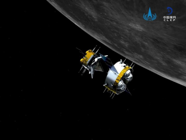 Una simulación gráfica muestra la combinación de orbitador y retornador de la sonda china Chang'e-5 tras su separación del ascensor.