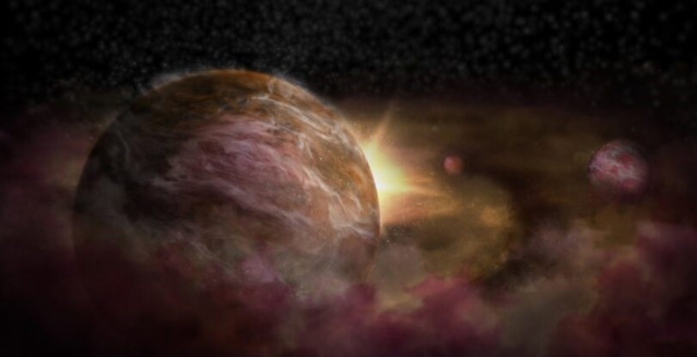 Ilustración de tres jóvenes planetas en órbita alrededor de una estrella naciente conocida como HD 163296