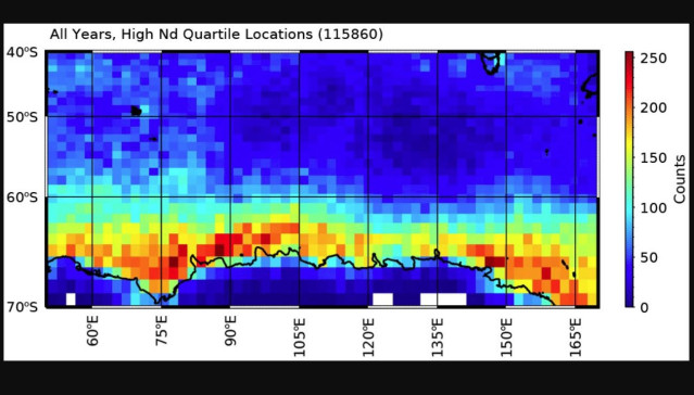 Distribución geográfica de las nubes con alto número de gotas. La costa de la Antártida aparece en la parte inferior.