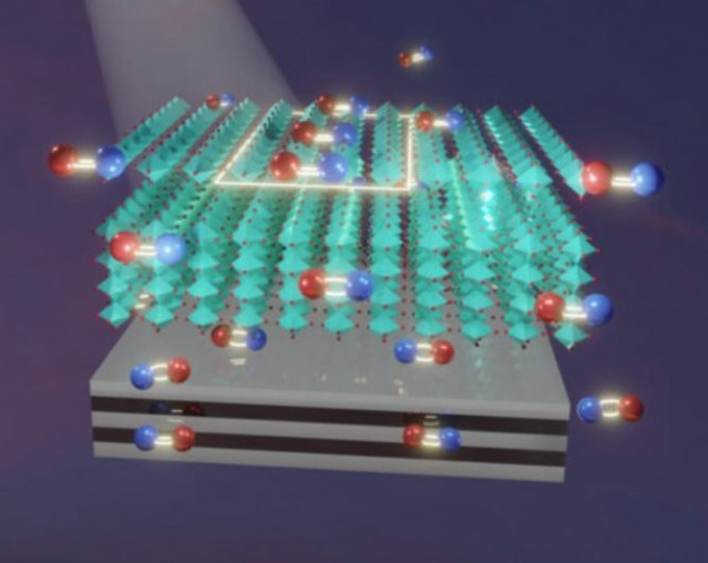 Esta ilustración del laboratorio de Guo muestra la interacción entre un material de perovskita (cian) y un sustrato de material metal-dieléctrico
