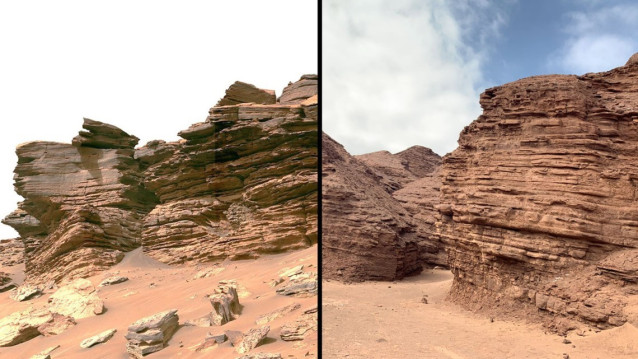 La imagen de la izquierda corresponde al cráter Jezero, en la superficie de Marte; la de la derecha es el delta fósil jurásico de Piedra Roja del desierto de Atacama, en el noroeste de Chile, un popular análogo geológico de Marte.
