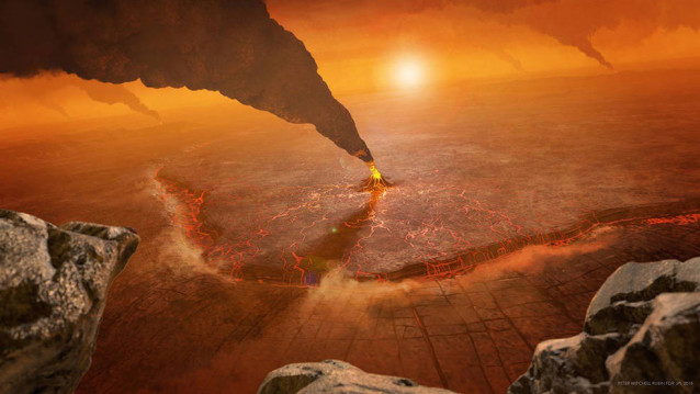 Esta ilustración de la gran corona de Quetzalpetlatl, situada en el hemisferio sur de Venus, muestra vulcanismo activo y una zona de subducción, donde la corteza en primer plano se hunde en el interior del planeta.