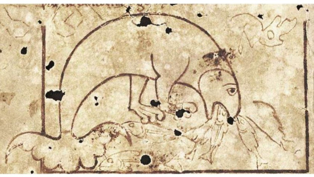 Physiologus islandés (c.1200) representación del Apsido alimentándose.