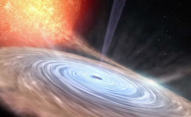 Representación Artística De Un Sistema Binario De Estrellas De Rayos X. Muestra La Estrella Normal En Amarillo/Rojo, El Disco De Materia En Rotación, La Estrella De Neutrones Situada En Su Centro Y El 'Chorro De Radio' Que Sale Disparado.