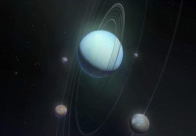 Una impresión artística de Urano y sus cuatro lunas más grandes (de la más interna a la más externa) Miranda, Ariel, Umbriel y Titania