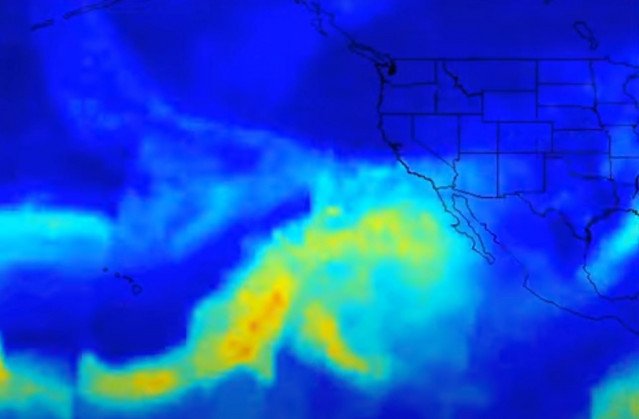 Un sistema fluvial atmosférico que atravesó el Océano Pacífico en 2017 se captura aquí en imágenes satelitales del instrumento AIRS de la NASA. Los científicos están trabajando para comprender cómo estas poderosas tormentas afectan las regiones del mundo
