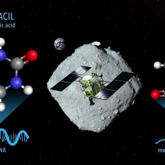Una imagen conceptual para el muestreo de materiales en el asteroide Ryugu que contiene uracilo y niacina por la nave espacial Hayabusa2