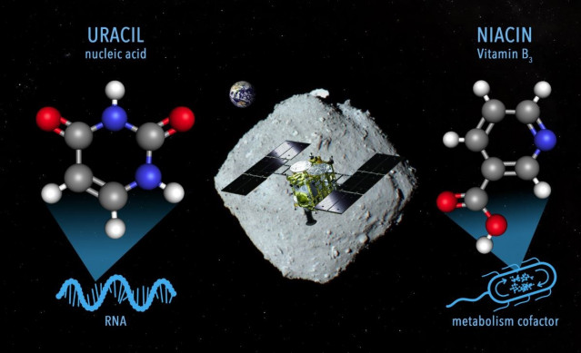 Una imagen conceptual para el muestreo de materiales en el asteroide Ryugu que contiene uracilo y niacina por la nave espacial Hayabusa2