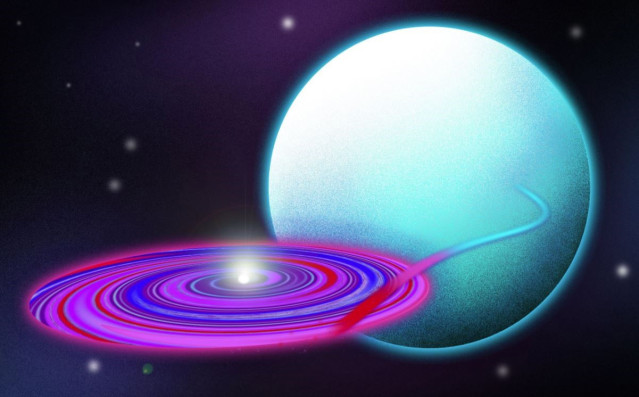 Los astrónomos del MIT mapearon los 'vientos de disco' asociados con el disco de acreción alrededor de Hércules X-1, un sistema en el que una estrella de neutrones extrae material de una estrella similar al Sol, representada como la esfera verde azulado.