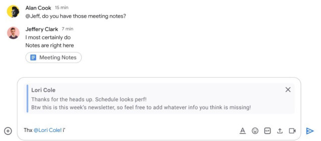 Cita de mensaje para responder a él en Google Chat