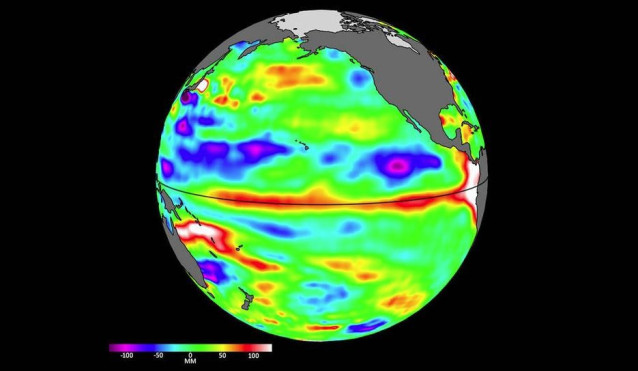 Los datos del nivel del mar del satélite Sentinel-6 Michael Freilich del 24 de abril muestran aguas oceánicas relativamente más altas (en rojo y blanco) y más cálidas en el ecuador y la costa oeste de América del Sur.