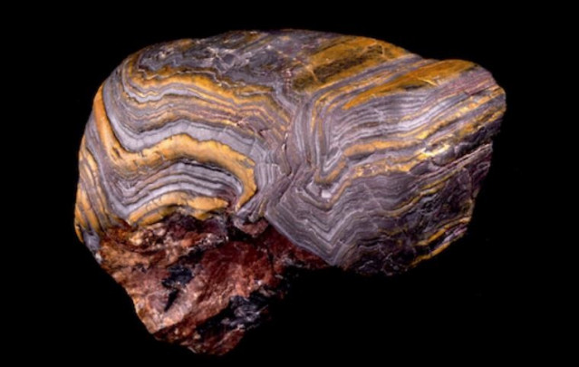 Formación de hierro en bandas metamorfoseadas del sur de Wyoming que muestra deformación y plegamiento.