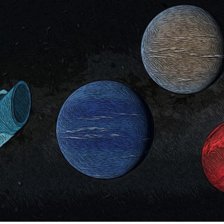 Esta ilustración muestra el telescopio espacial Kepler de la NASA, que se retiró en octubre de 2018, y tres planetas descubiertos en sus últimos días de datos.