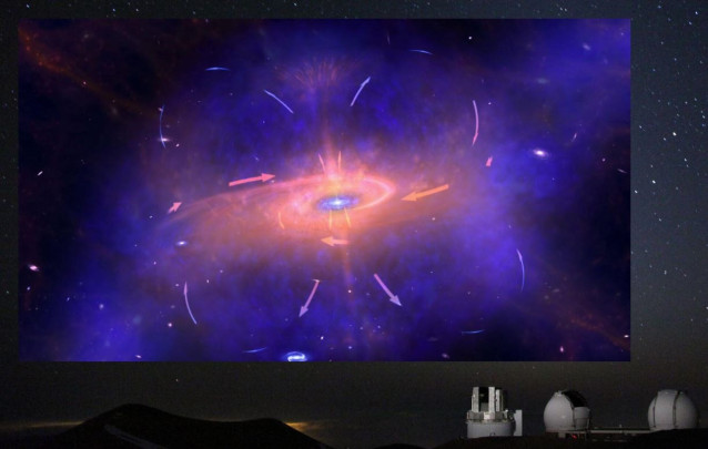 Imagen conceptual de una antigua galaxia masiva que recicla el gas para mantener su crecimiento. El fondo es una imagen de los telescopios Subaru y Keck.
