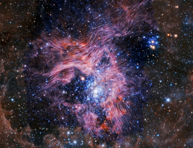 30 Doradus, También Conocida Como La Nebulosa De La Tarántula, Es Una Región De La Gran Nube De Magallanes. Las Líneas De Corriente Muestran La Morfología Del Campo Magnético De Los Mapas De Polarización SOFIA HAWC+.