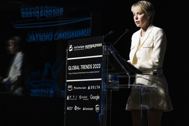 La secretaria de Estado de Digitalización e Inteligencia Artificial, Carme Artigas, interviene durante el encuentro de Europa Press, ‘Global Trends 2023’, en el Auditorio El Beatriz de Madrid, a 13 de junio de 2023, en Madrid (España).