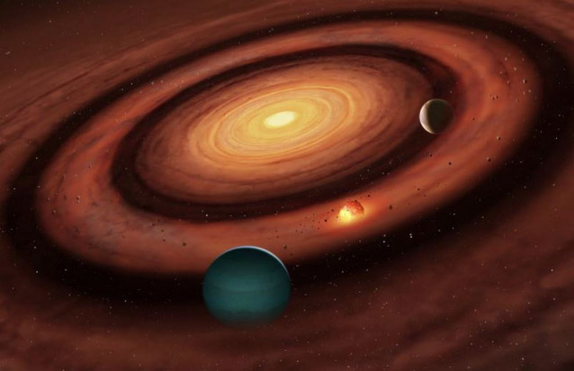 Representación artística de cómo los planetas pequeños pueden formar 'emparedados' entre dos más grandes.