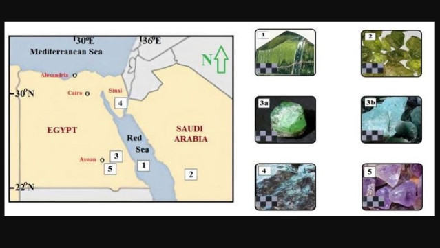 Ubicaciones de los minerales de gemas investigados de Egipto y Arabia Saudita. Se dan fotos a escala de minerales de gemas de colores.