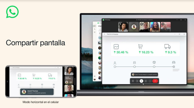 Interfaz de Whatsapp al compartir pantalla durante una videollamada