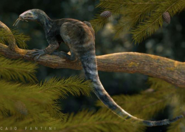 Interpretación artística de Venetoraptor gassenae en un paisaje Triásico.