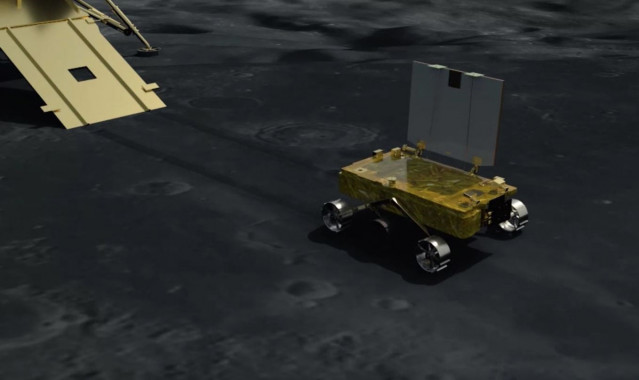 Ilustración del rover Pragyan tras bajar por la rampa del módulo de aterrizaje Vikram de la misión lunar Chandrayaan 3 de la India