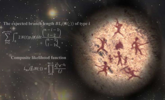 Fórmula central del nuevo método de inferencia. La imagen muestra una pintura de un acantilado, que ilustra la población de ancestros humanos que se unen para sobrevivir al peligro desconocido en la oscuridad durante el severo cuello de botella