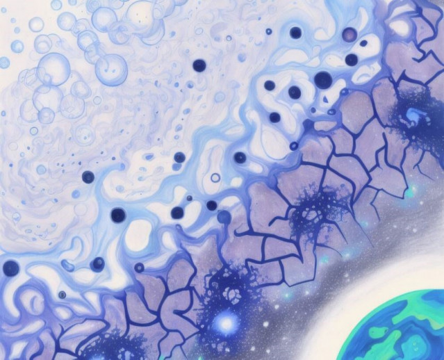 La representación de un artista de la materia en el universo temprano fusionándose lentamente en grandes estructuras cósmicas en el universo tardío.