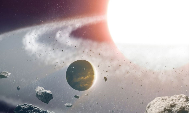 Representación artística del planeta 8 Ursae Minoris b, también conocido como 'Halla', en medio del campo de escombros después de una violenta fusión de dos estrellas.