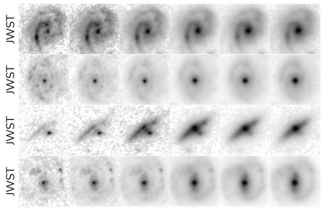 Imágenes de JWST de las galaxias similares a la Vía Láctea recién descubiertas vistas en el universo primitivo. Cada fila muestra una galaxia diferente tal como se observa en las diferentes longitudes de onda infrarrojas donde JWST toma datos de imágenes.