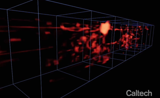 Corte tridimensional a través de una red de filamentos de gas hidrógeno que cruzan los espacios entre galaxias.