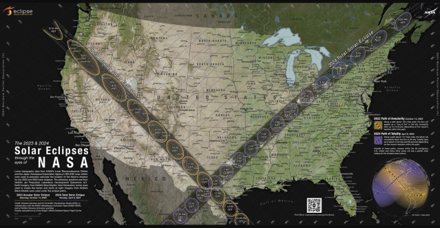 Este mapa detalla la trayectoria que tomará la sombra de la Luna cuando cruce los Estados Unidos contiguos durante el eclipse solar anular del 14 de octubre de 2023 y el eclipse solar total del 8 de abril de 2024.