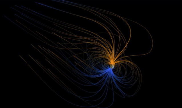 Una visualización científica de las líneas del campo magnético que forman la magnetosfera de la Tierra.