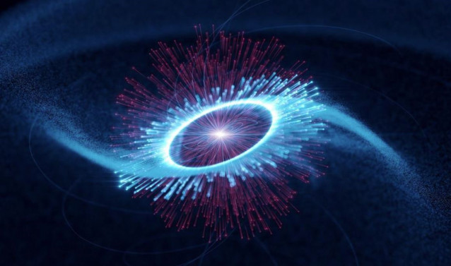 Los investigadores creen que las partículas de luz infrarroja (fotones) de los polos del púlsar son impulsadas a energías de rayos gamma (azul) por electrones rápidos.