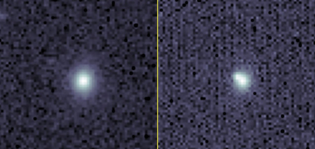 Una imagen de antes (izquierda) y después de la galaxia donde ocurrió SN2023tyk. La región superior izquierda de la galaxia (derecha) parece bulbosa y deforme, donde explotó la estrella.